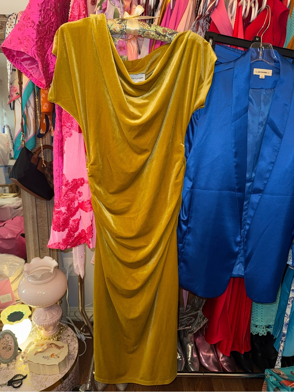 Gibson Mustard Velvet Draped Midi Dress